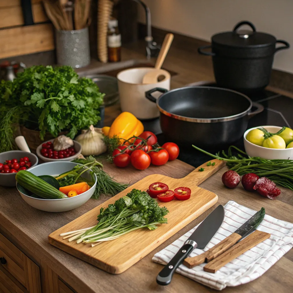 A variety of fresh ingredients and cooking utensils